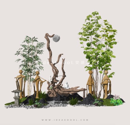 中式禅意景观小品组景 枯树枯枝造型植物丨