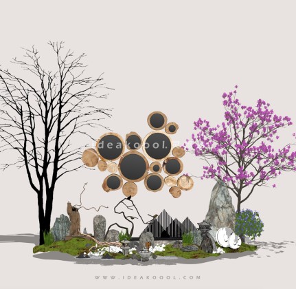 中式禅意景观小品组景 枯树枯枝 开花造型植物丨