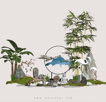 中式禅意景观小品组景 枯树枯枝 开花造型植物丨