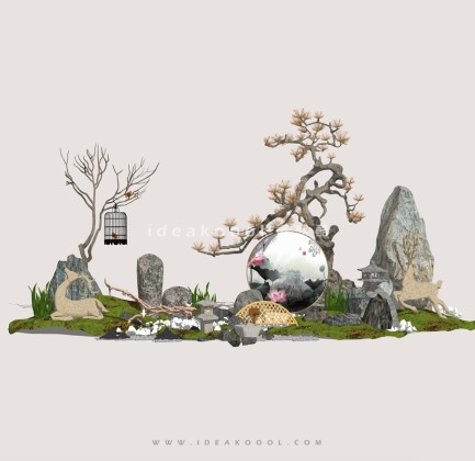 中式禅意景观小品组景 枯树枯枝 造型松植物石头丨