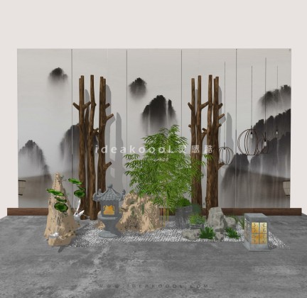 中式禅意景观小品组景 枯树枯枝 石灯笼丨