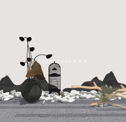 中式禅意景观小品组景 枯树枯枝 莲蓬 鸟笼丨