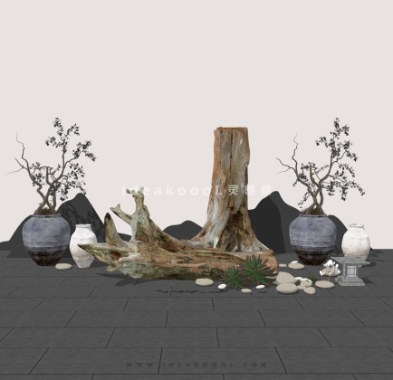 中式禅意景观小品组景 枯树枯枝丨