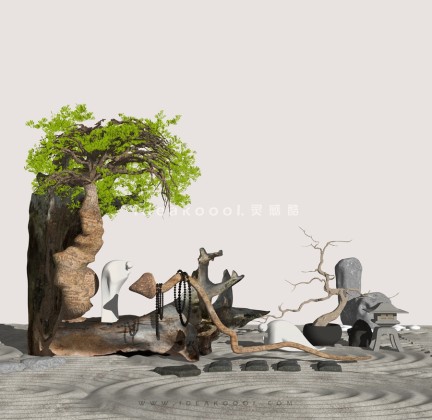 中式禅意景观小品组景 枯树枯枝丨