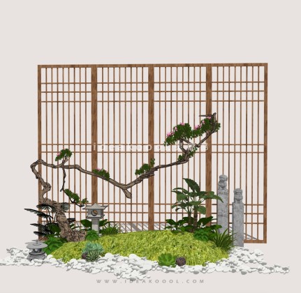 中式禅意景观小品组景 造型松屏风丨