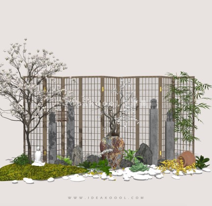 中式禅意景观小品 造型开花植物屏风组景丨