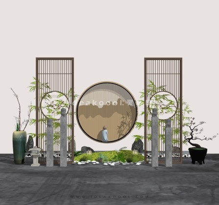 中式禅意景观小品 屏风组景丨