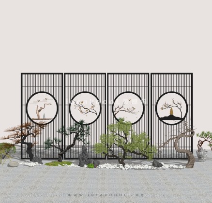 中式禅意景观小品 造型松屏风组景丨