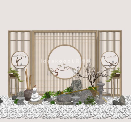 中式禅意景观小品 屏风组景丨