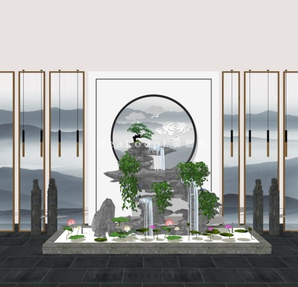 中式禅意景观小品 山水假山瀑布屏风组景丨
