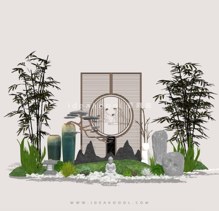 中式禅意景观小品 竹子屏风组景丨