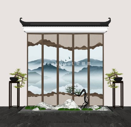 中式禅意景观小品 屏风组景丨