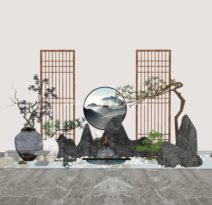 中式禅意景观小品 屏风组景丨