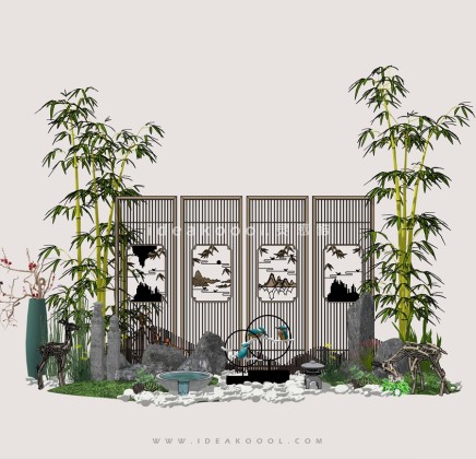 中式禅意景观小品 竹子屏风组景丨