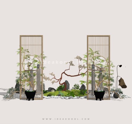 中式禅意景观小品 造型松屏风组景丨