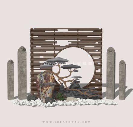 中式禅意景观小品 造型松屏风组景丨