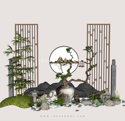 中式禅意景观小品 造型植物屏风组景丨