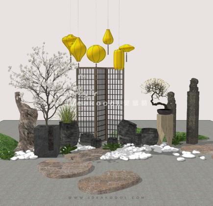 中式禅意景观小品 屏风组景丨