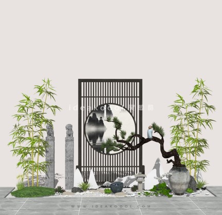 中式禅意景观小品 造型松屏风组景丨