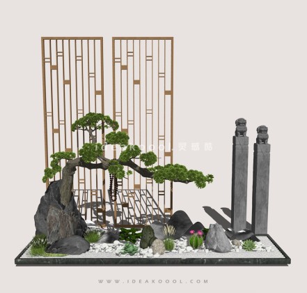 中式禅意景观小品 造型松屏风组景丨