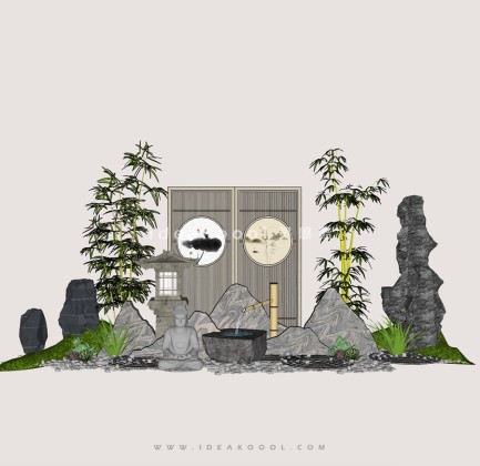 中式禅意景观小品 置石屏风组景丨