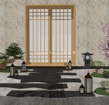 禅意景观小品 置石枯山水汀步石灯笼组景丨