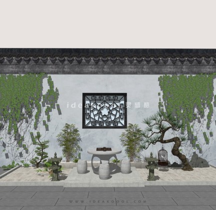 禅意景观小品 石桌椅 中式围墙爬山虎丨