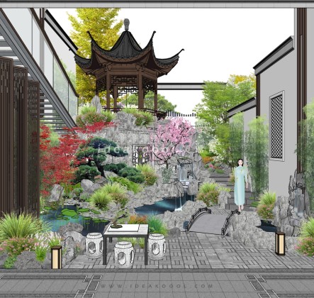 中式假山亭子小桥流水庭院花园景观丨