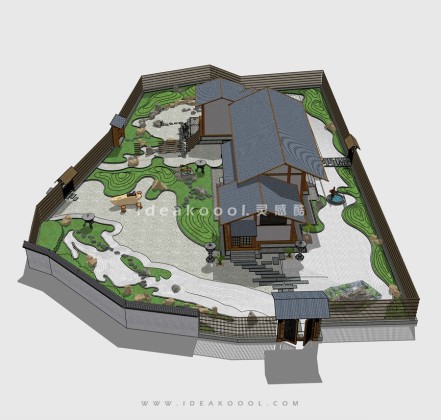 禅意枯山水庭院花园景观  茶室民宿建筑丨