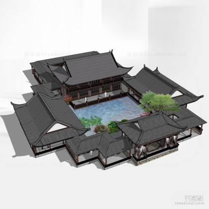 中式休闲四合院建筑 中式酒店会所建筑丨