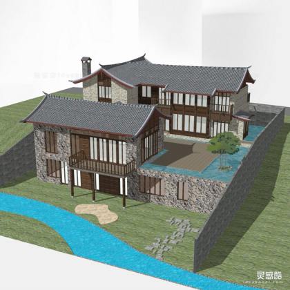 中式酒店民宿建筑 传统民居别墅丨