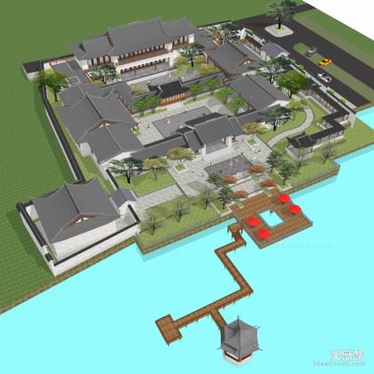 中式滨水度假山庄酒店建筑丨