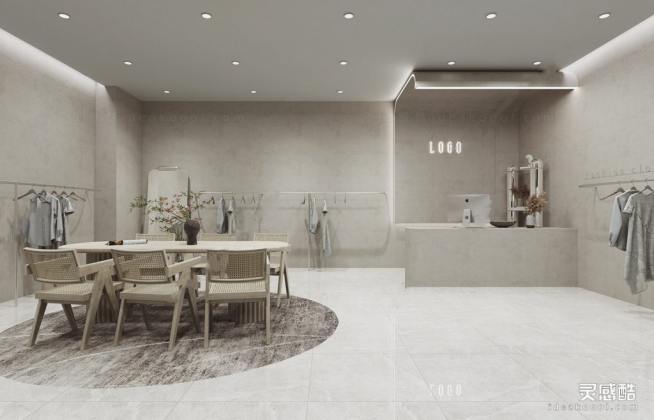 现代女装服装店_橱窗_展台陈列_模特_桌椅组合_服装货架丨