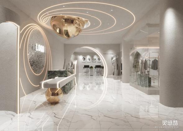 现代服装店_大理石前台_办公台_服装货架丨