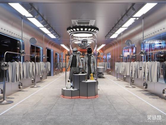 现代科技风潮牌男装服装店_艺术装置_模特_服装货架_艺术展台丨