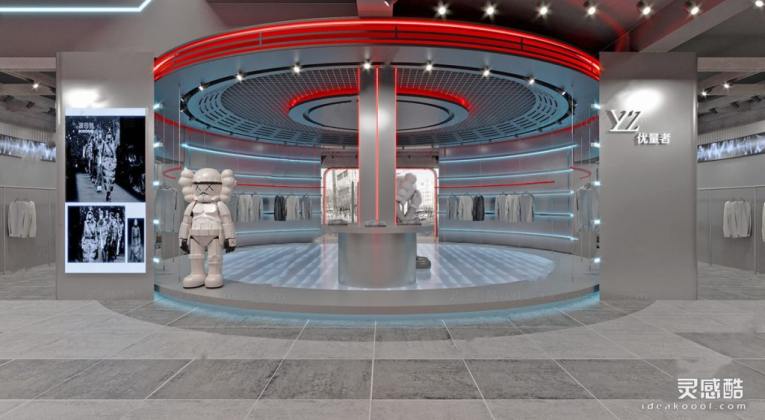 现代男装服装店_雕塑_中岛展台_轨道射灯_模特丨