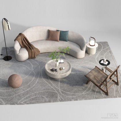 多人沙发 茶几 藤编座椅 落地灯 地毯丨