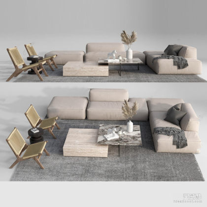 多人沙发 茶几 藤编座椅 地毯丨