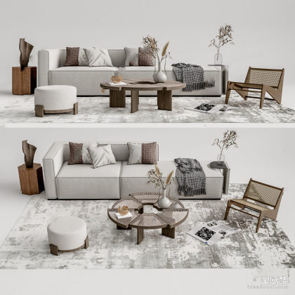 多人沙发 茶几 绿植 藤编座椅丨