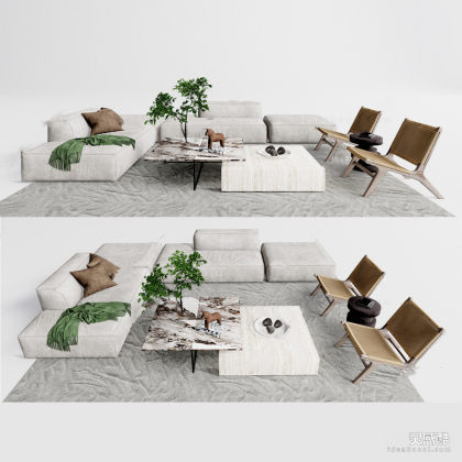 多人沙发 茶几 绿植 藤编座椅 地毯丨