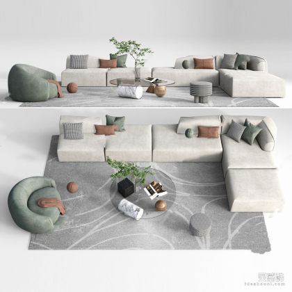 多人沙发茶几组合 单人沙发 地毯 绿植丨