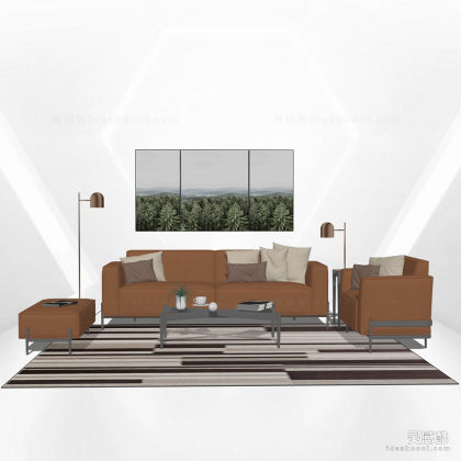 多人沙发茶几组合 单人沙发 地毯 挂画丨