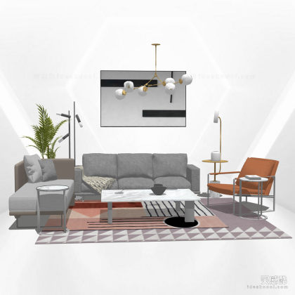 多人沙发茶几组合 单人沙发 地毯 挂画 落地灯 吊灯丨