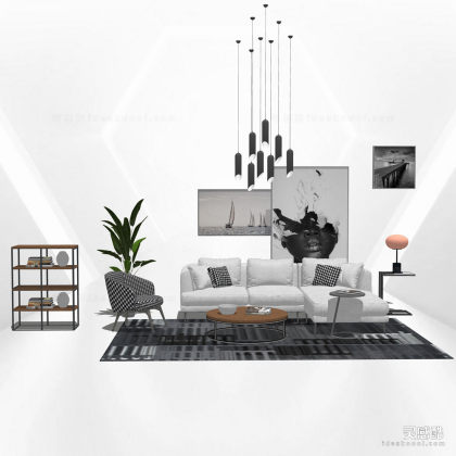 多人沙发茶几组合 单人沙发 地毯 挂画 吊灯丨