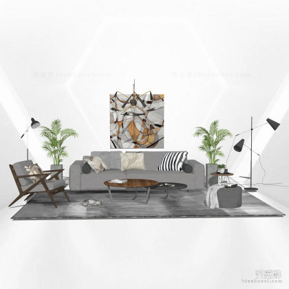 多人沙发茶几组合 单人沙发 地毯 挂画 吊灯 落地灯丨