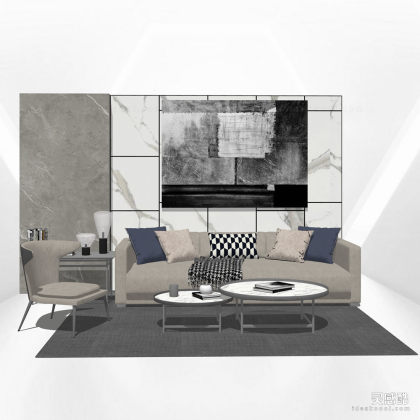 多人沙发茶几组合 单人沙发 地毯 挂画丨