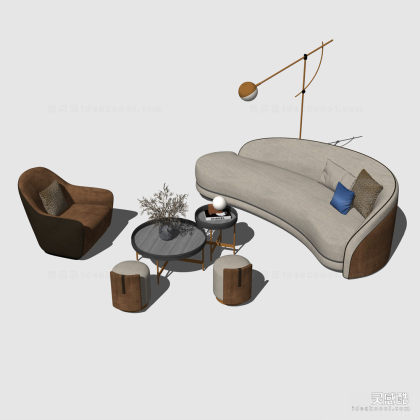 异形沙发茶几组合 单人沙发 落地灯丨