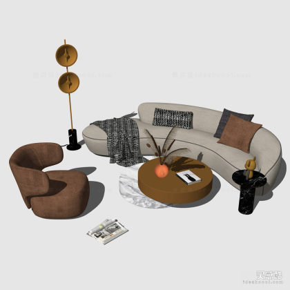 异形沙发茶几组合 单人沙发 落地灯