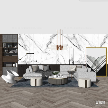 现代轻奢 多人沙发茶几组合 客厅 吊灯 挂画 陀螺椅 地毯丨