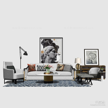 现代轻奢 多人沙发茶几组合 单人沙发 地毯 挂画 客厅丨